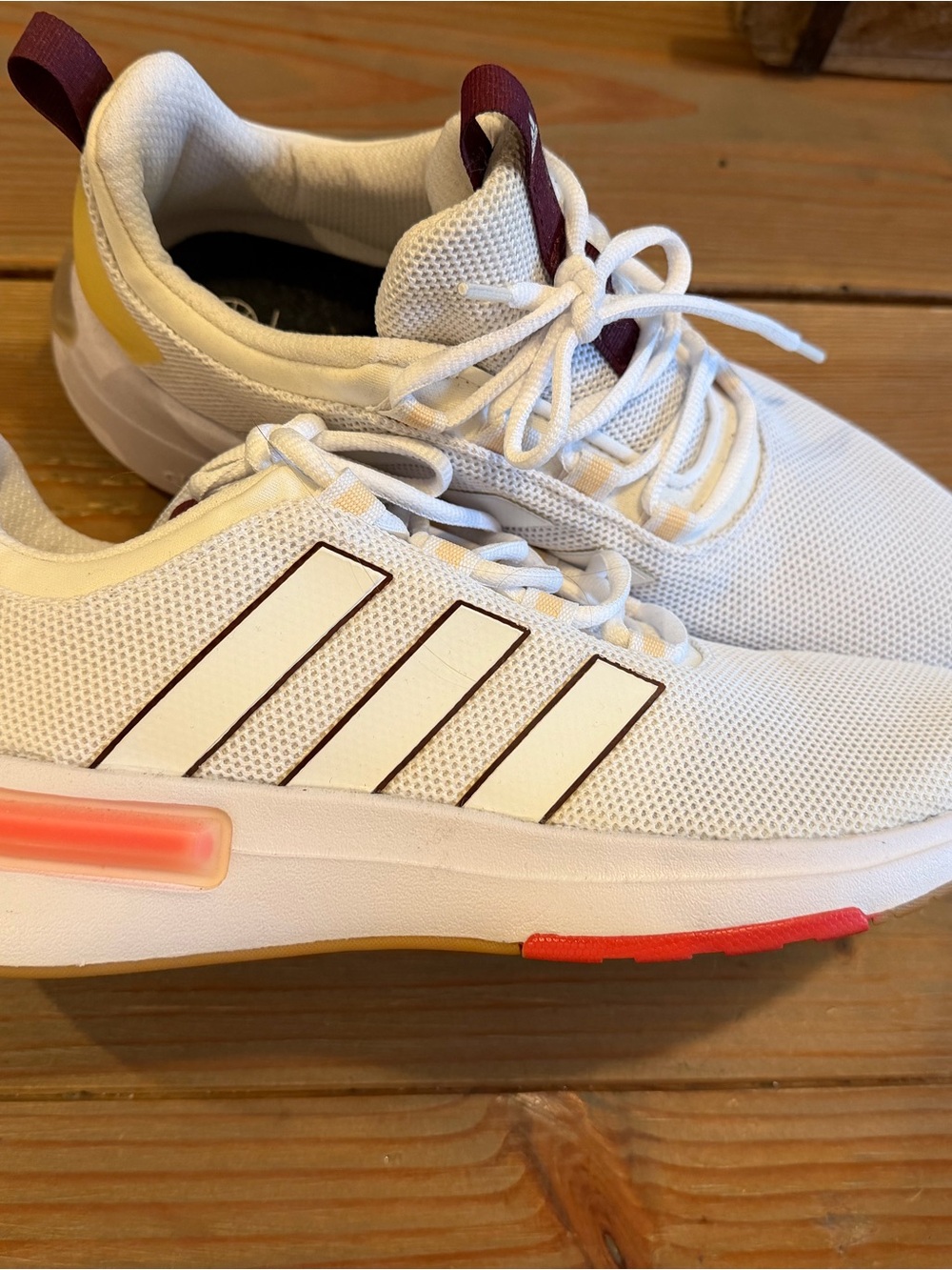 adidas White Sneakers with Maroon Stripes and Coral Accents